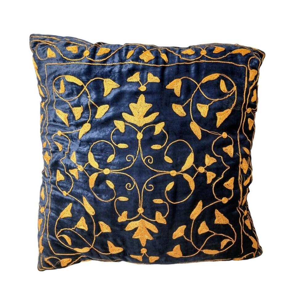 Decor Pillow DOWN 16" Blue VELVET w Gold Embroidery Exotic Fleur de Lis Regency